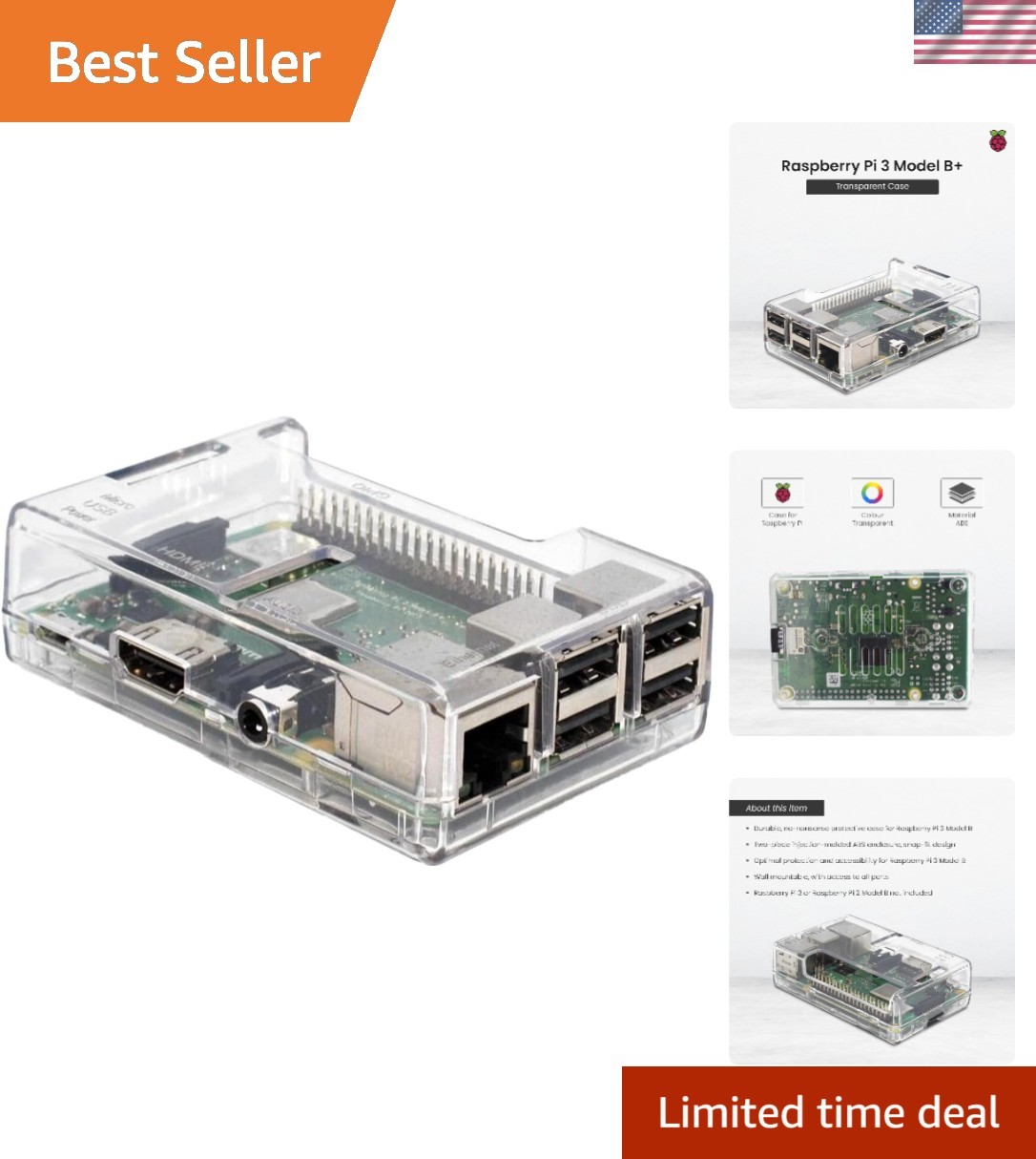 Elegant Transparent ABS Case for Raspberry Pi 3 Model B+ - Snap-Fit & Mountable