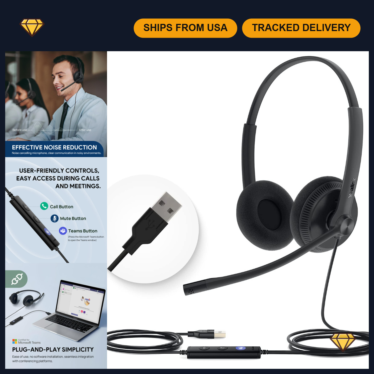 Wired USB-A Headset with Noise Canceling Mic & In-Line Controls - UH34 Lite