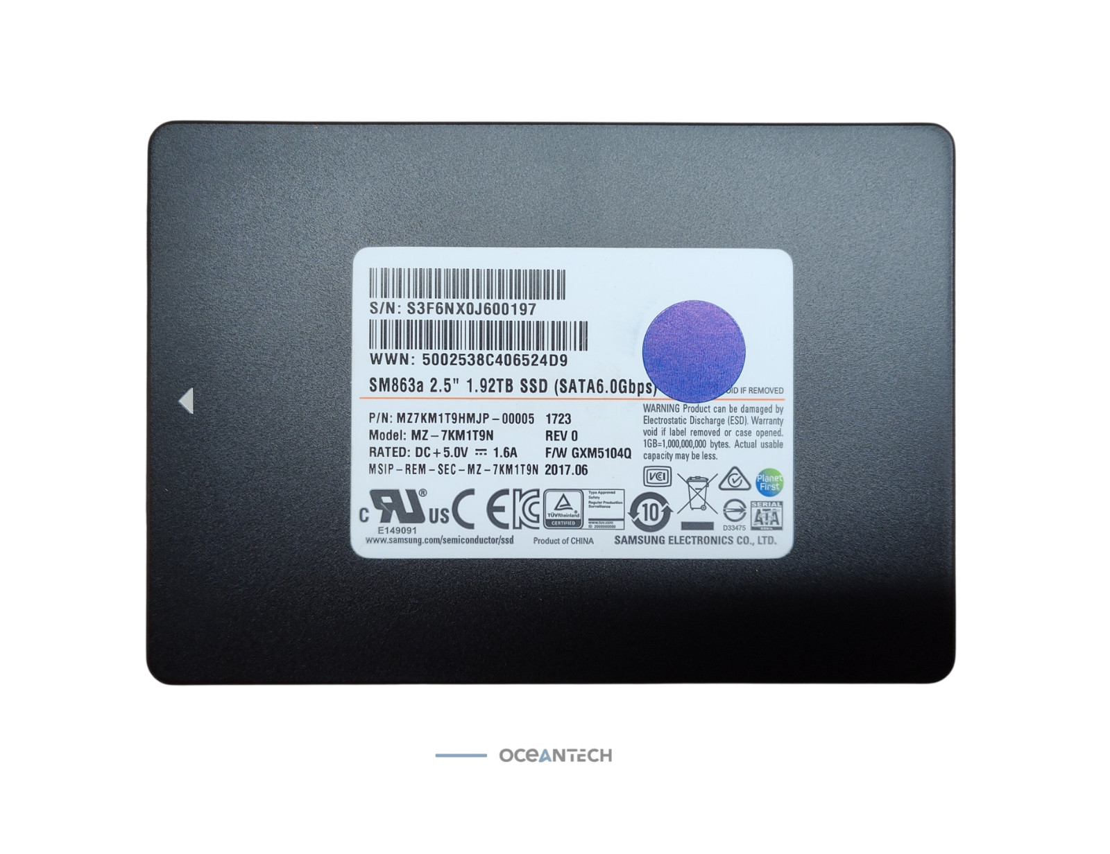 Samsung 1.92TB SATA 6G 2.5" MU SM863A Series SSD MZ7KM1T9HMJP-00005 80%+ Health