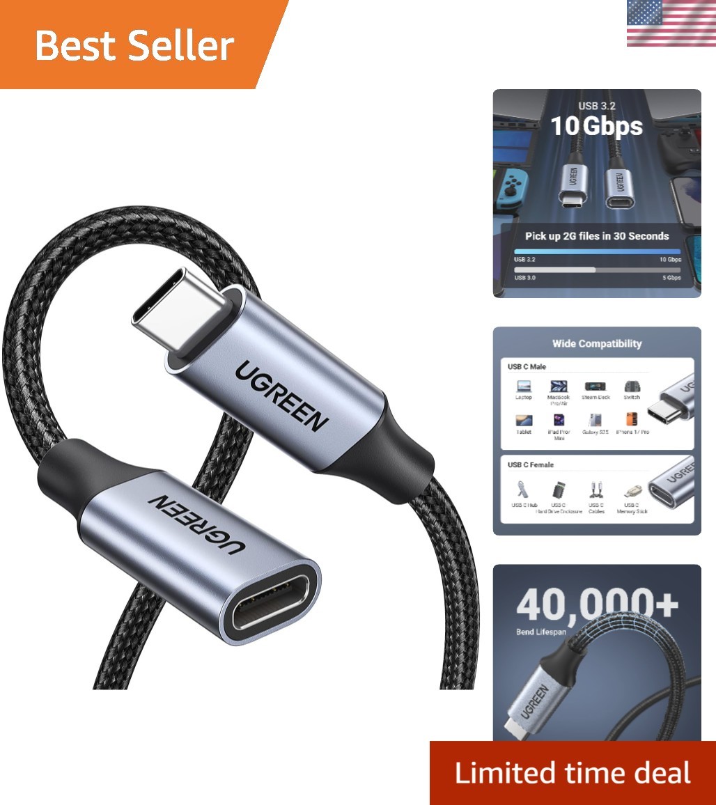 Versatile 3.3 ft USB C Extension Cable - 10Gbps Data Transfer & Fast Charging