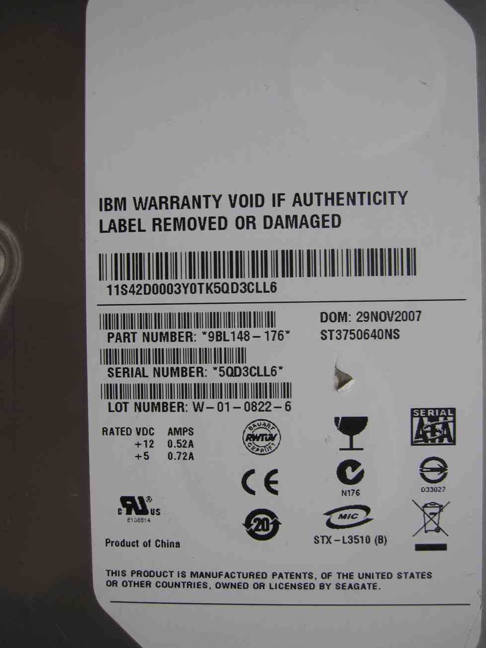 Seagate ST3750640NS | FW: 3AEV | PN: 9BL148-065 | 29 NOV 2007 | 750GB NAS HD
