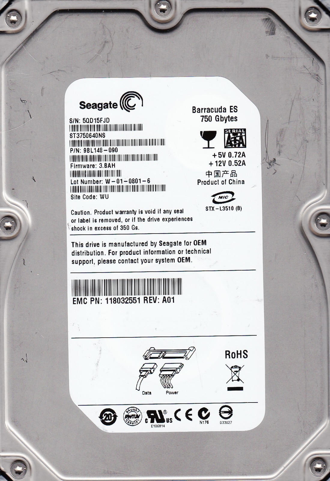 ST3750640NS pn: 9BL148-090 sn: 5QD fw: 3.BAH WU QR: 100409233 750GB SATA 2114
