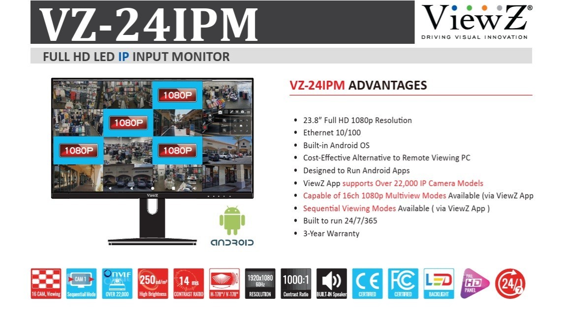ViewZ VZ-24CMP HDMI/VGA/Audio LED IP POE CCTV Monitor