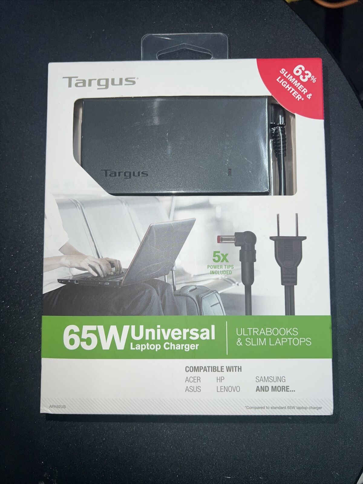 Targus 65W Universal Laptop Charger with 5 Interchangeable Power Tips APA92US@