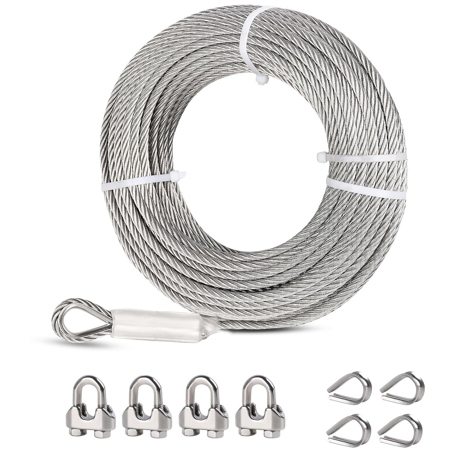 25ft 1/4 Inch Stainless Steel Cable with Clamps and Thimbles, 6400lbs Strength
