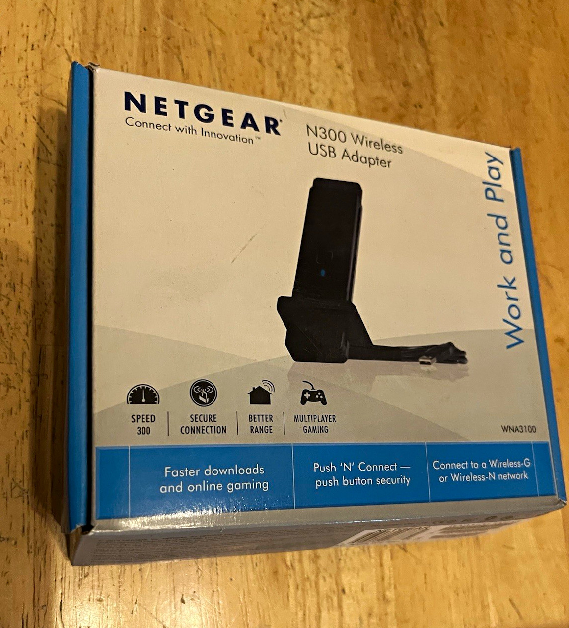 NETGEAR WNA3100 N300 300Mbps Wireless USB 2.0 Adapter Push 'N' Connect PC