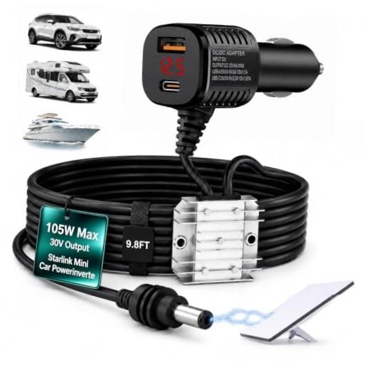 Starlink Mini Car Adapter, 105W Stable 3in1 Starlink Mini Car Charger-9.8FT
