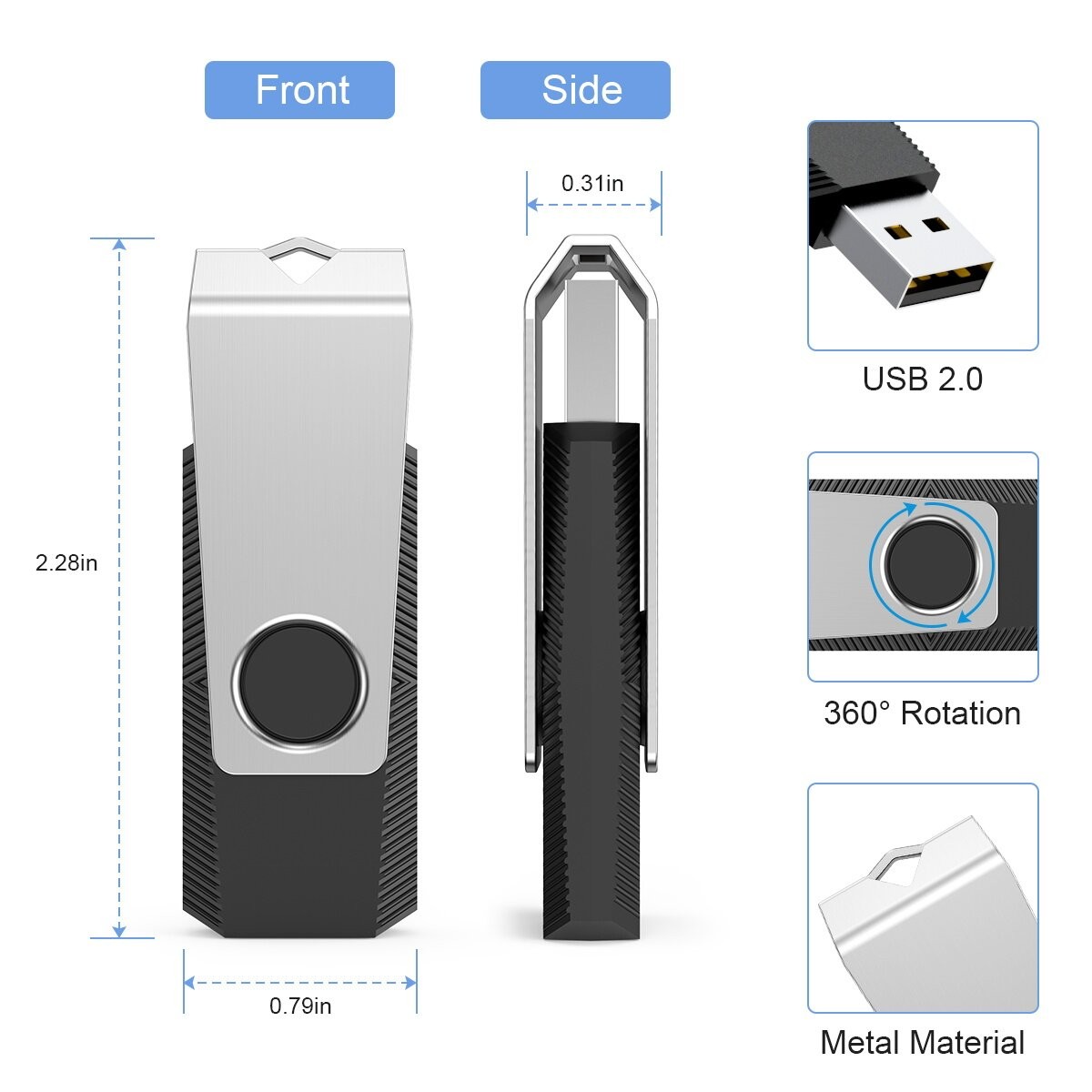 Wholesale 1/10/100pcs 32GB 64GB USB2.0 Metal Swivel Anti-Skid Flash Drive Memory