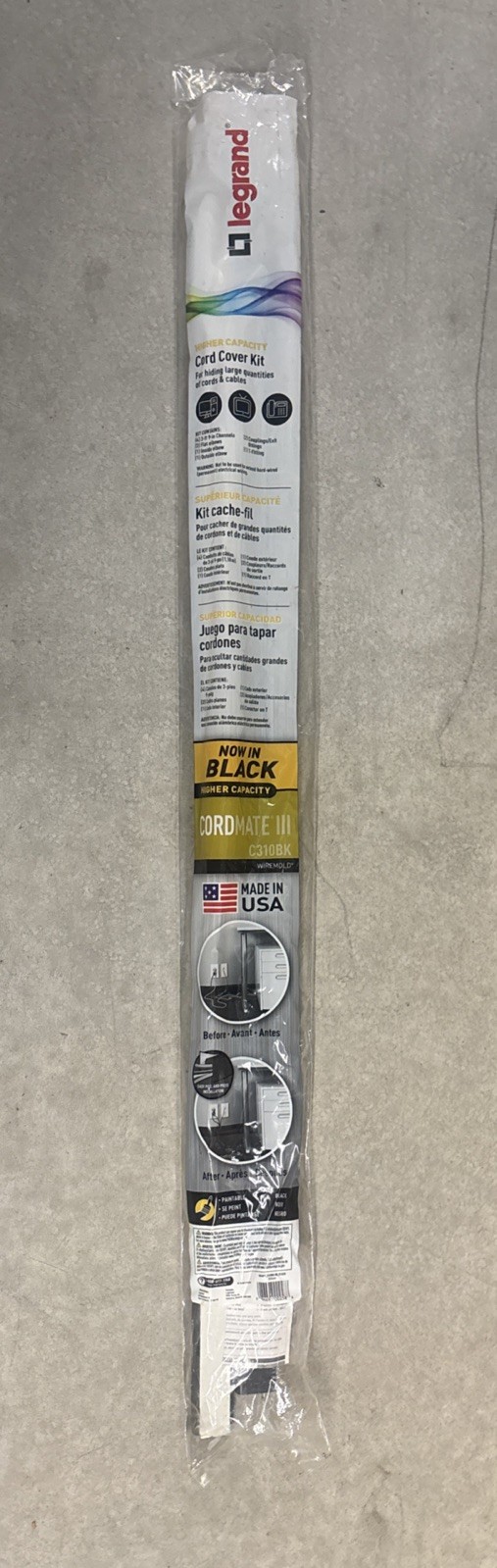 Legrand Wiremold Cord Cover CordMate-3 Cord Conceal Kit C310BK-Wall Floor