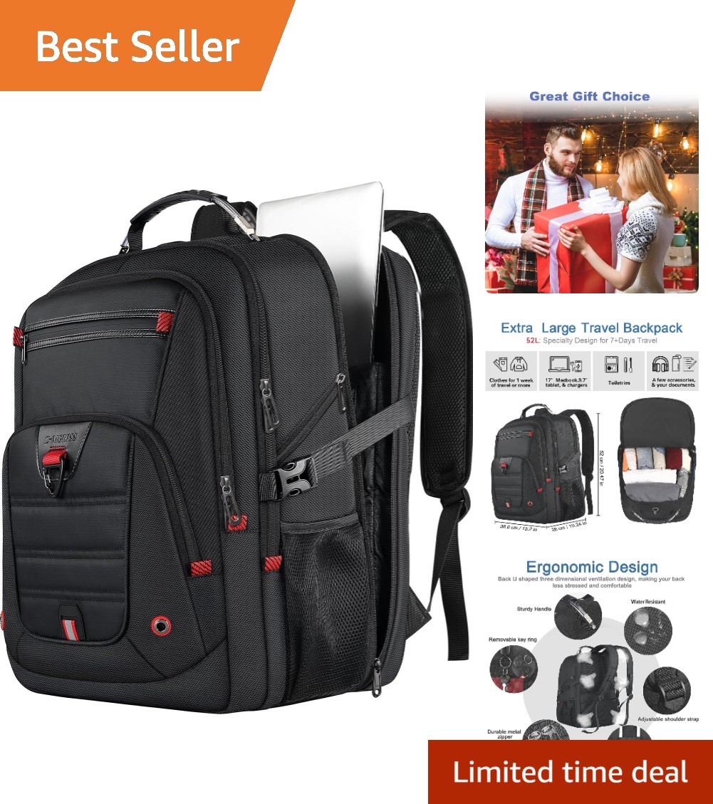 Elegant Water-Resistant 52L Travel Backpack with 18 Pockets for Organized Travel