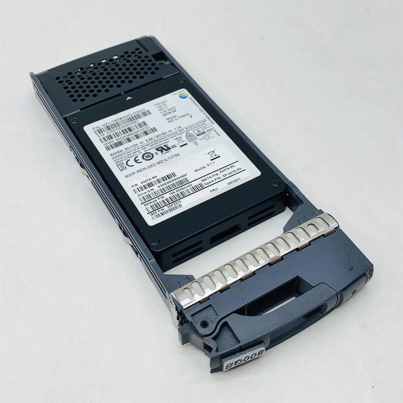 Samsung MZ-ILT960A 800GB 12G SSD NetApp X447AR6 108-00260+G3 w/Caddy 100% Health