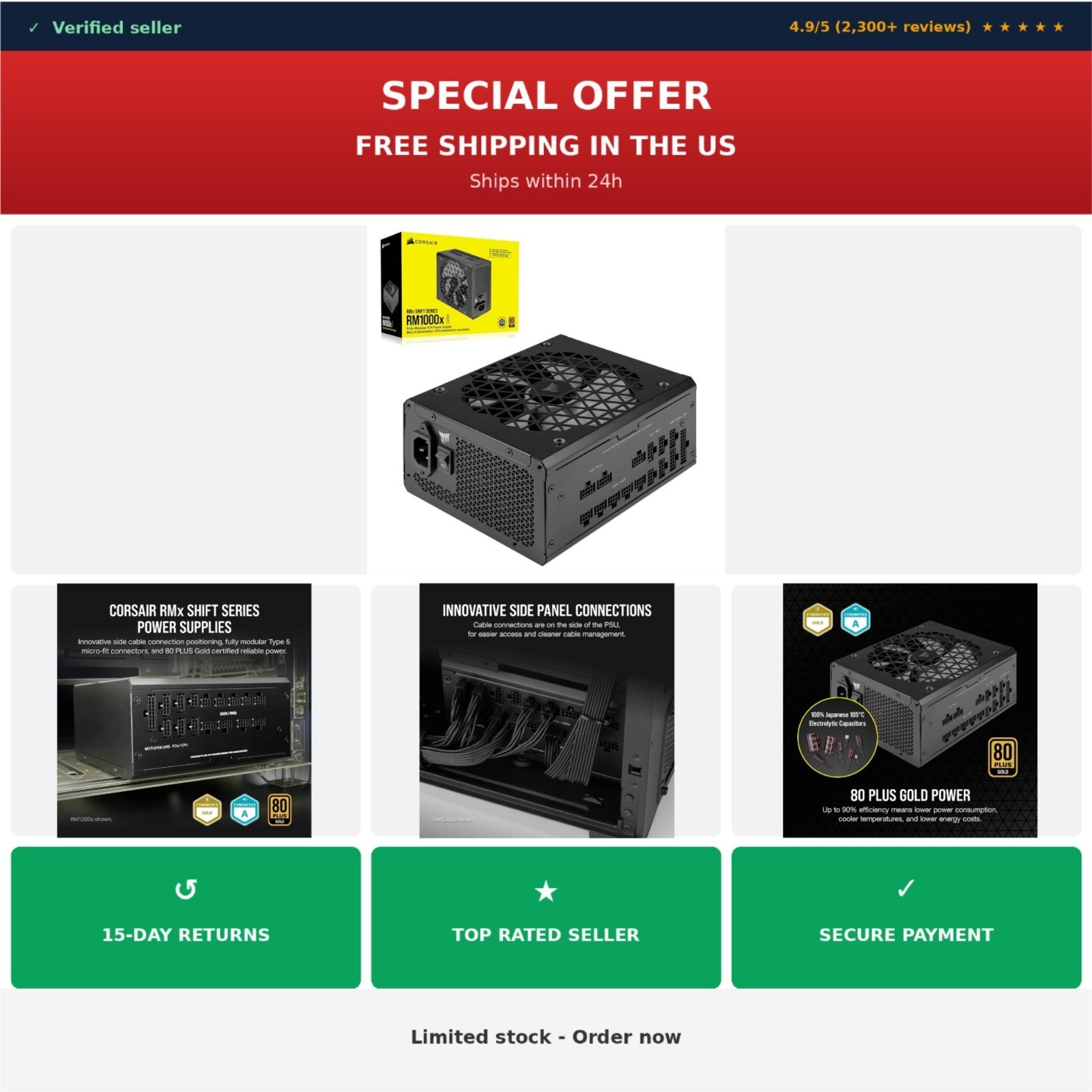 Corsair RM1000x Shift 1000W ATX 3.0 Full Modular Power Supply 80 Plus Gold
