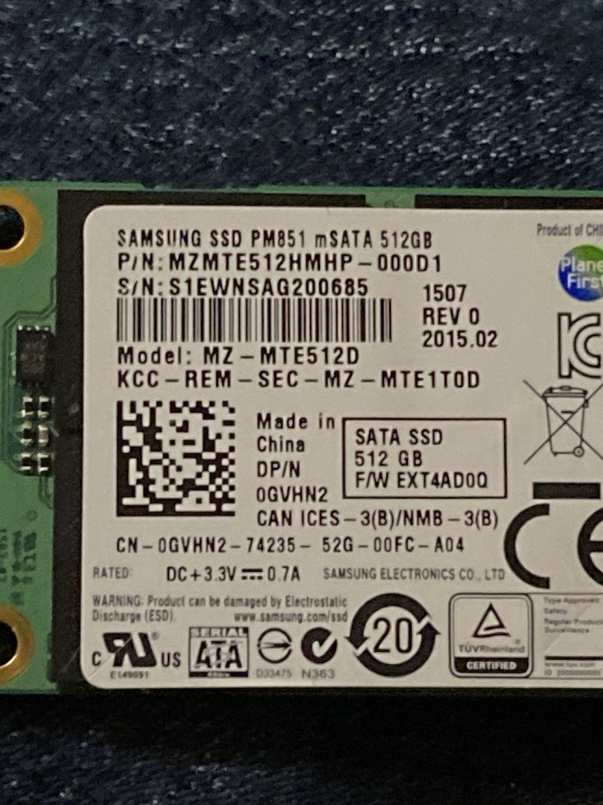 Samsung PM851 512GB mSATA SATA Internal SSD MZMTE512HMHP-000D1 MZ-MTE512D