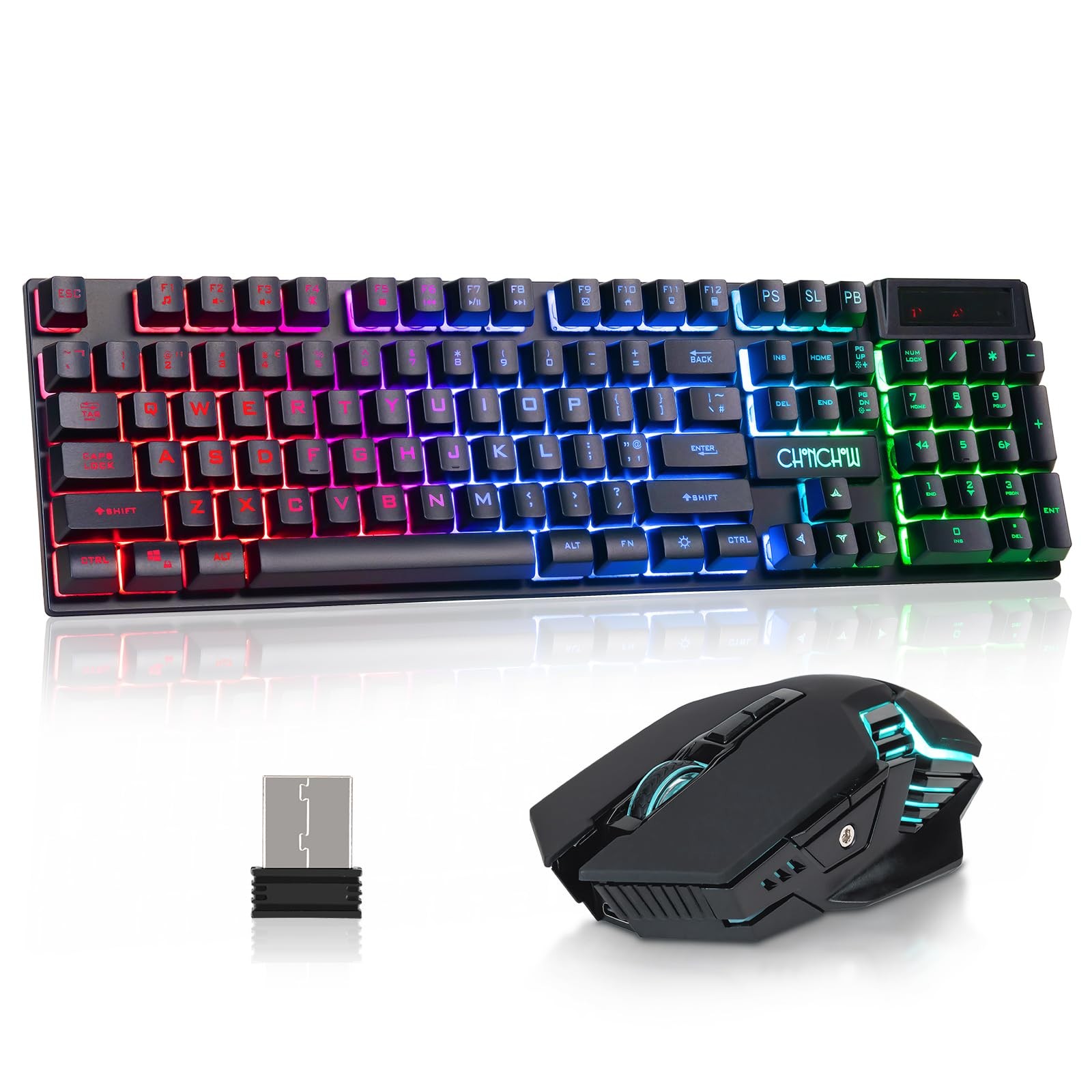 CHONCHOW USB Wireless Gaming Keyboard and Mouse Combo, RGB Backlit, 2.4GHz