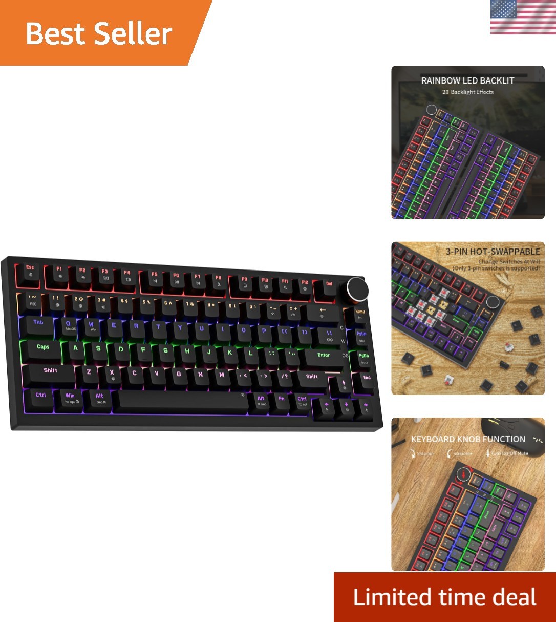 GM326 75% Compact Mechanical Keyboard - Ergonomic Wired Gaming with Backlit LEDs