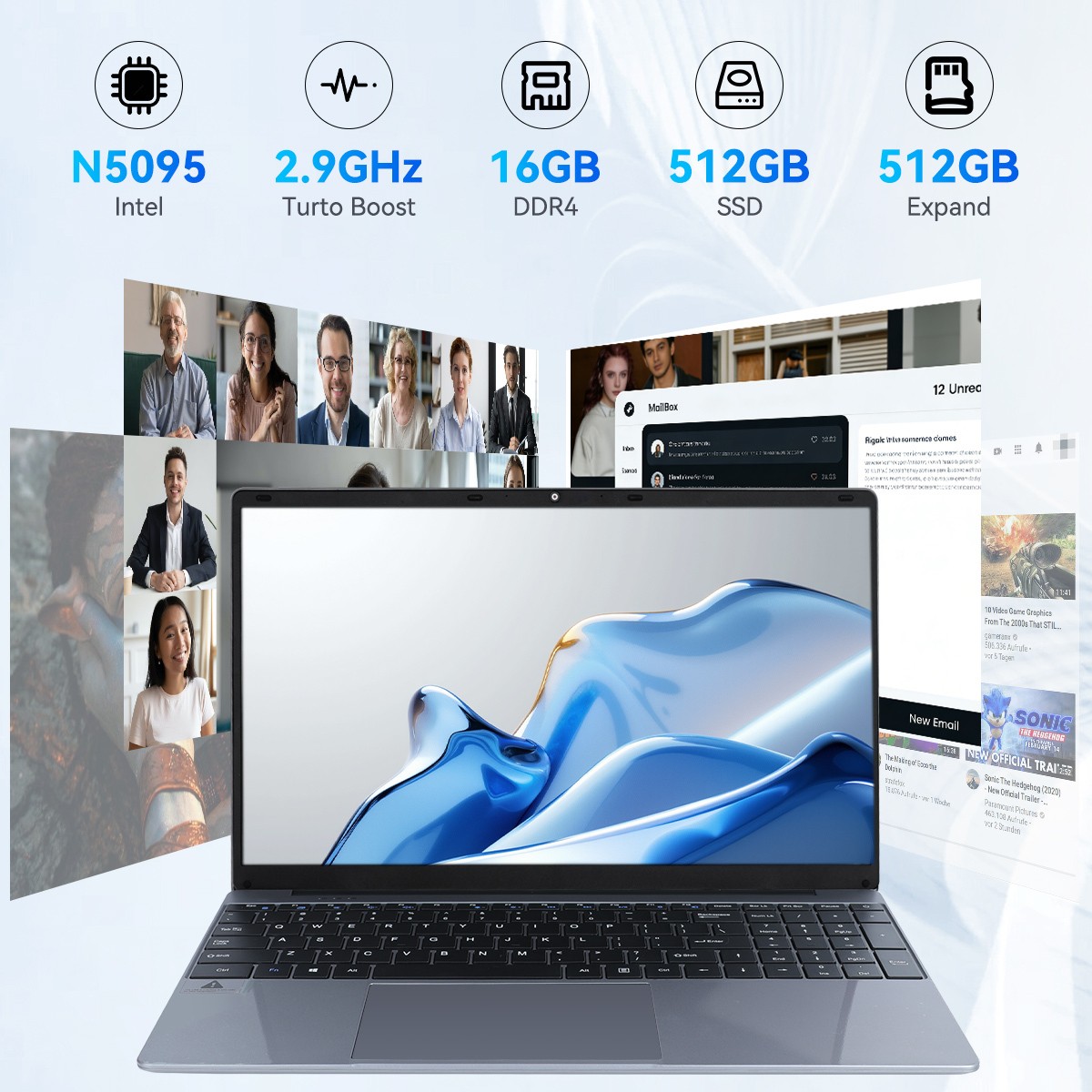 Windows 11,15.6" Laptop - Intel N5095 Processor - 16GB Memory - 512 SSD - Gray