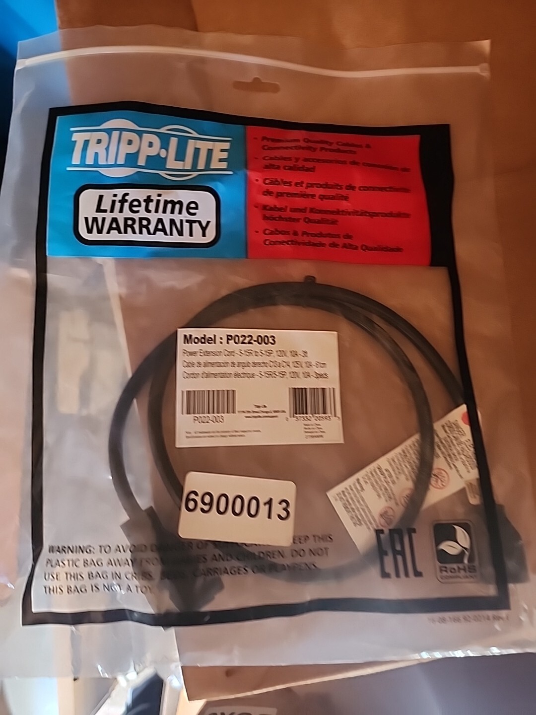 P022-003 3FT Tripp Lite POWER EXTENSION CORD 10A