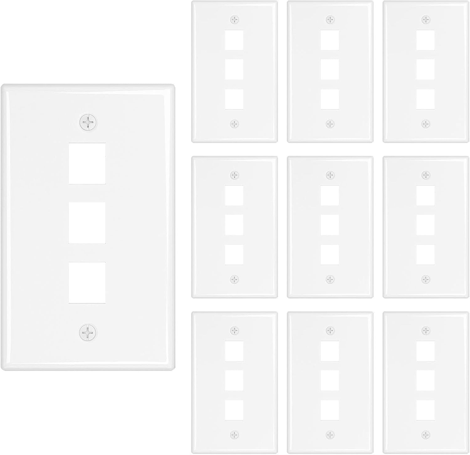 3-Port Keystone Wall Plate 10-Pack, Low Profile Ethernet Wall Plates for Keyston
