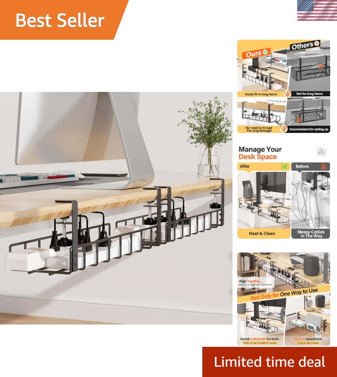 Effortless 2 Pack Under Desk Cable Trays, 31.4" - Modern Wire Organizers, Black