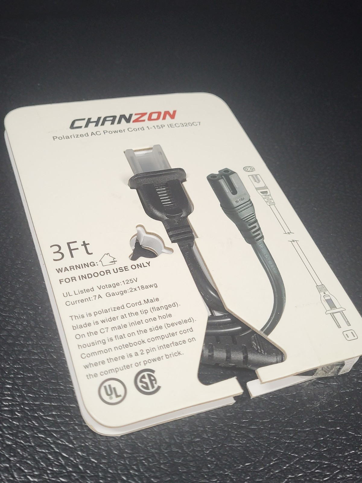 Chanzon Non-polarized AC Power Cord 1-15P IEC320C7 NEW 3 Feet 
