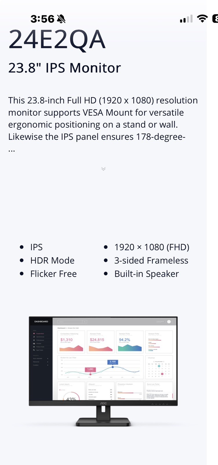 AOC 24E2QA 23.8'' 1080p FHD IPS LED Monitor