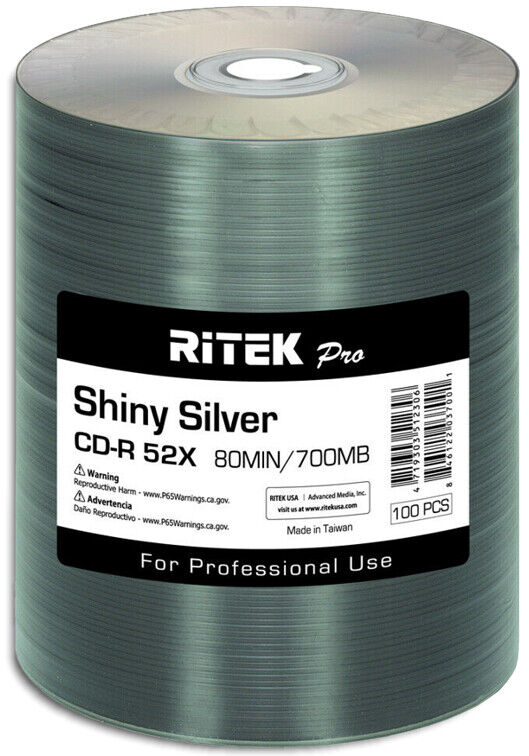 100-Pak RITEK PRO Shiny-Silver Top 52X 80-Min CD-R's in Tapewrap