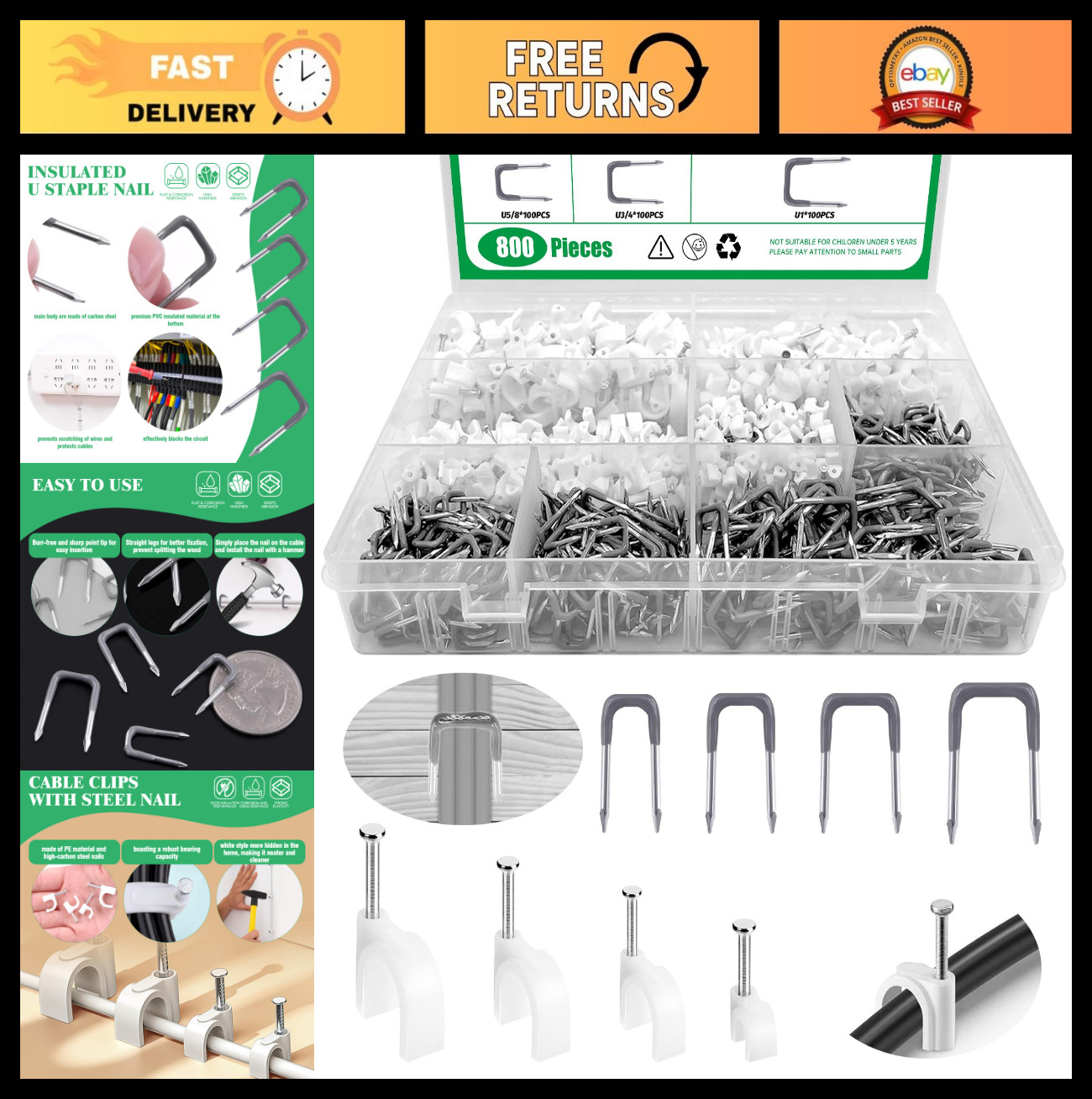 800Pcs J-Hook Ethernet Cable Clips with Steel Nails - 4mm to 10mm Insulated U St