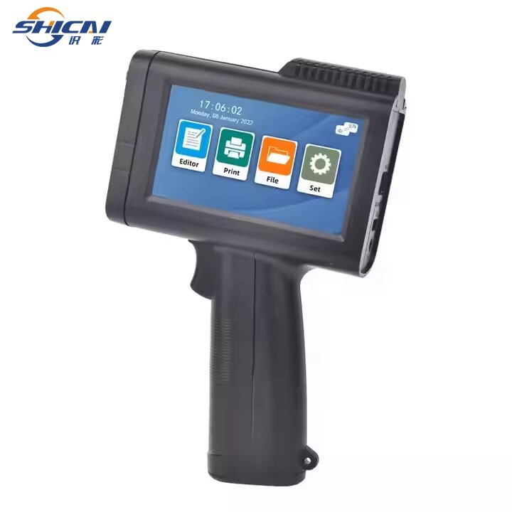 Handheld inkjet printer prints production dates, barcodes, logos, and prints