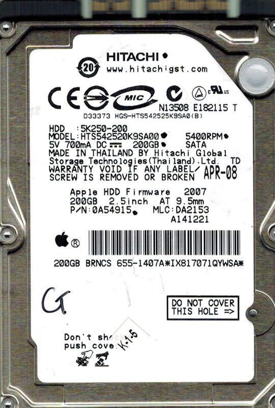 HITACHI HTS542520K9SA00 200GB P/N: 0A54915 MLC: DA2153 Thailand