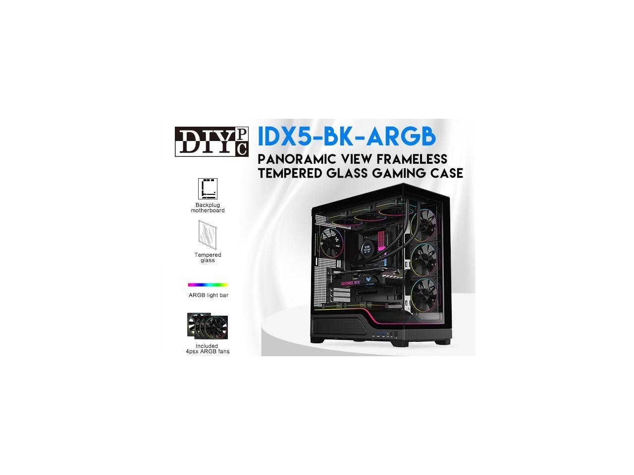 IDX5-BK-ARGB Black Dual USB3.0/Type C Tempered Glass ATX Gaming Computer DIYPC