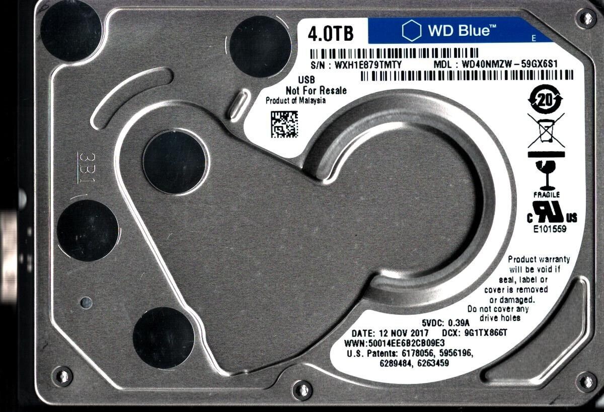 WD40NMZW-59GX6S1 S/N: WXH1E WESTERN DIGITAL 4TB MALAYSIA NOV 2017 DCX: 9G1TX866T