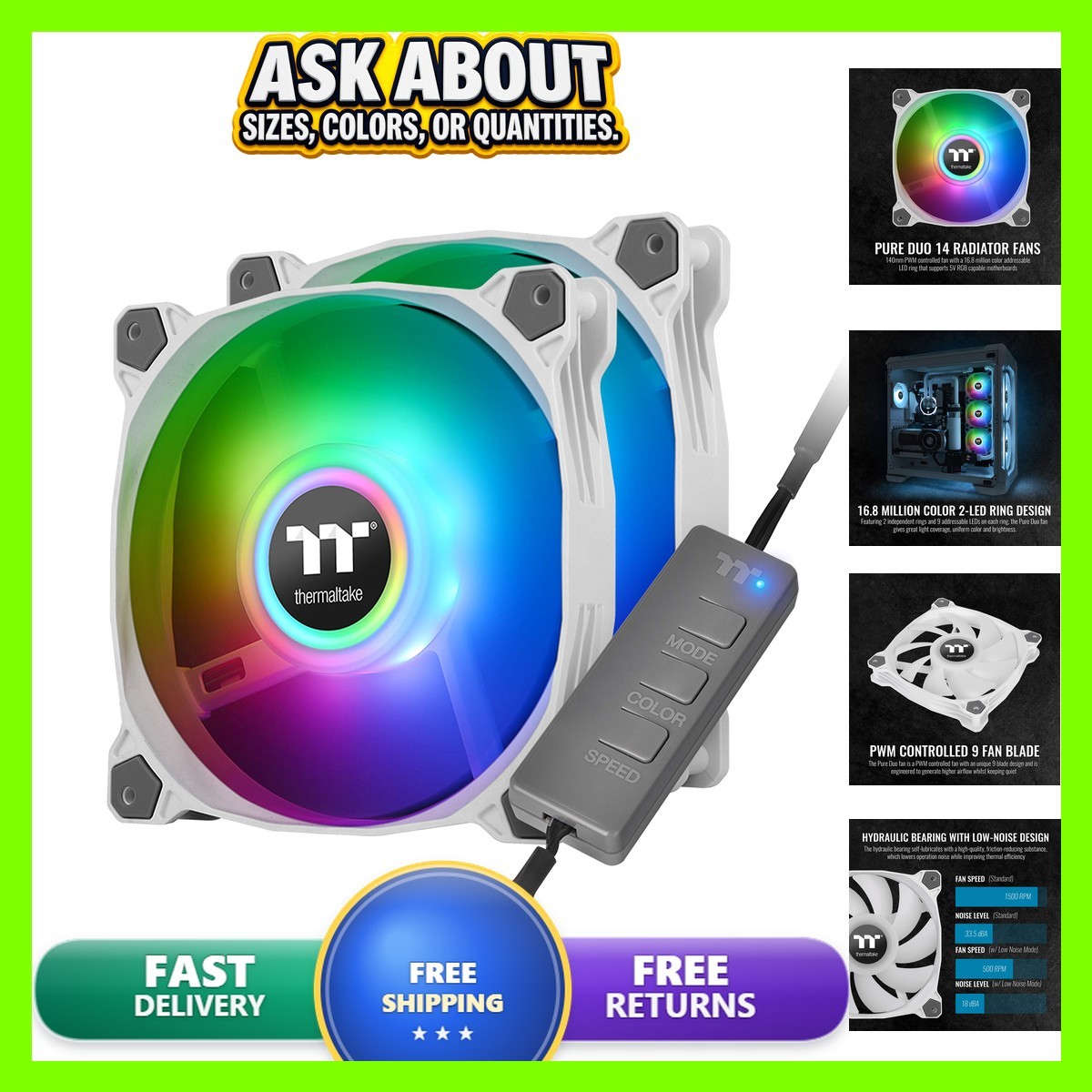 Thermaltake Pure Duo 140mm 5V ARGB 18 LED White Case Fan CL-F098-PL14SW-B