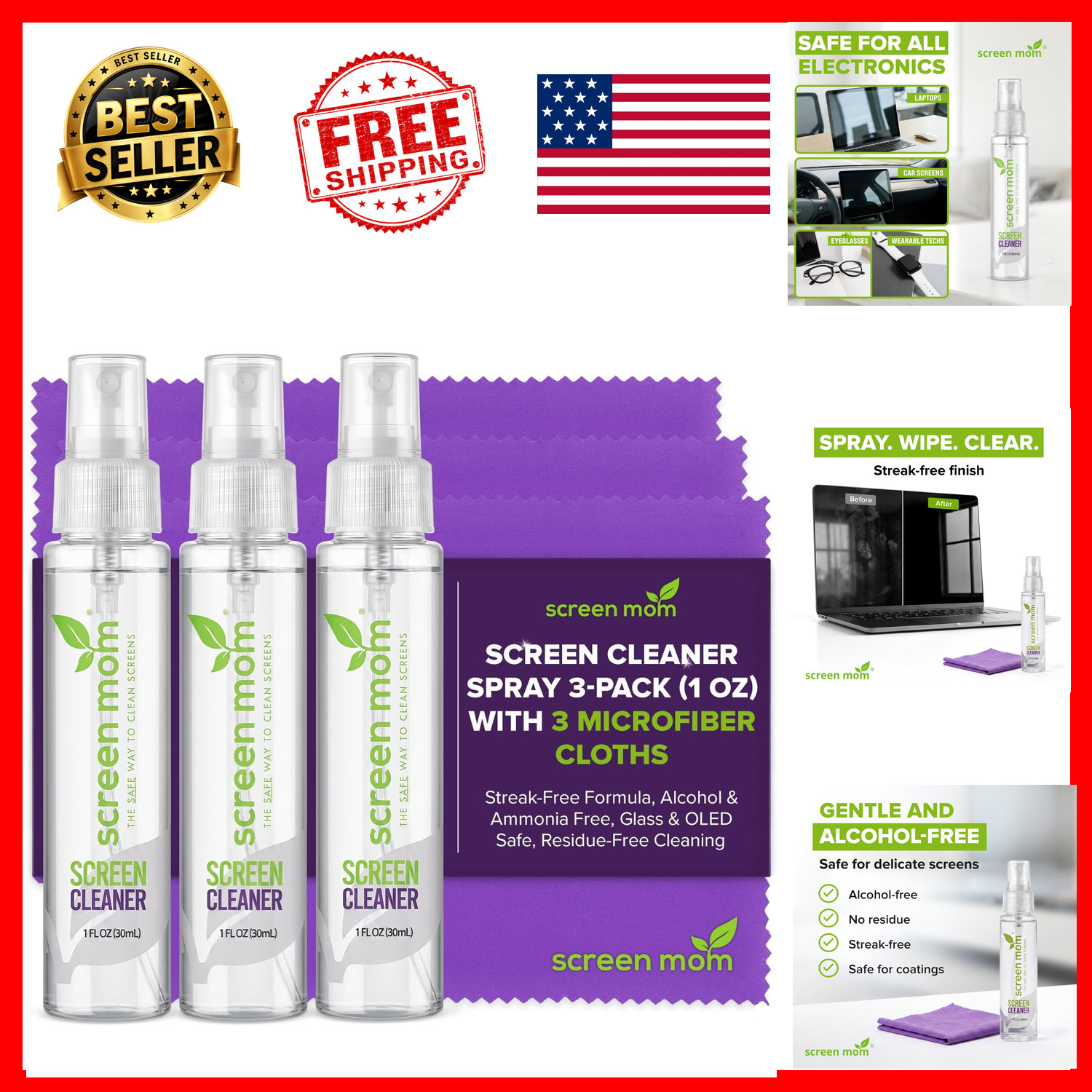 Screen Cleaner Spray Kit 3 Pack 1 oz with Microfiber Cloth for TV Laptop Car