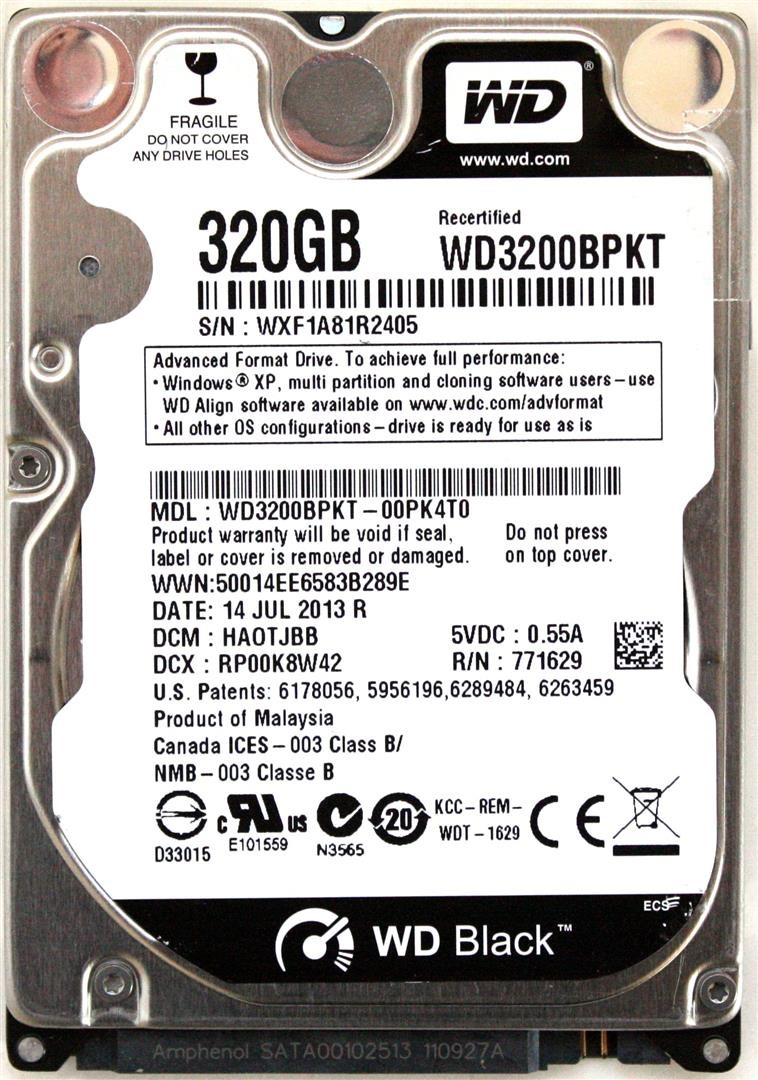 Wd black 320gb 2.5'' hdd, wd3200bpkt-00pk4t0, 14 jul 2013 r, dcm: haotjbb