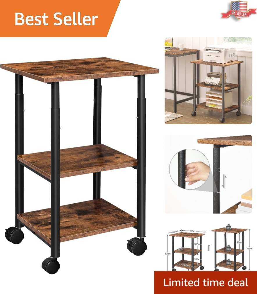 Sturdy 3-Tier Mobile Printer Stand - Durable & Stable - Rustic Brown and Black
