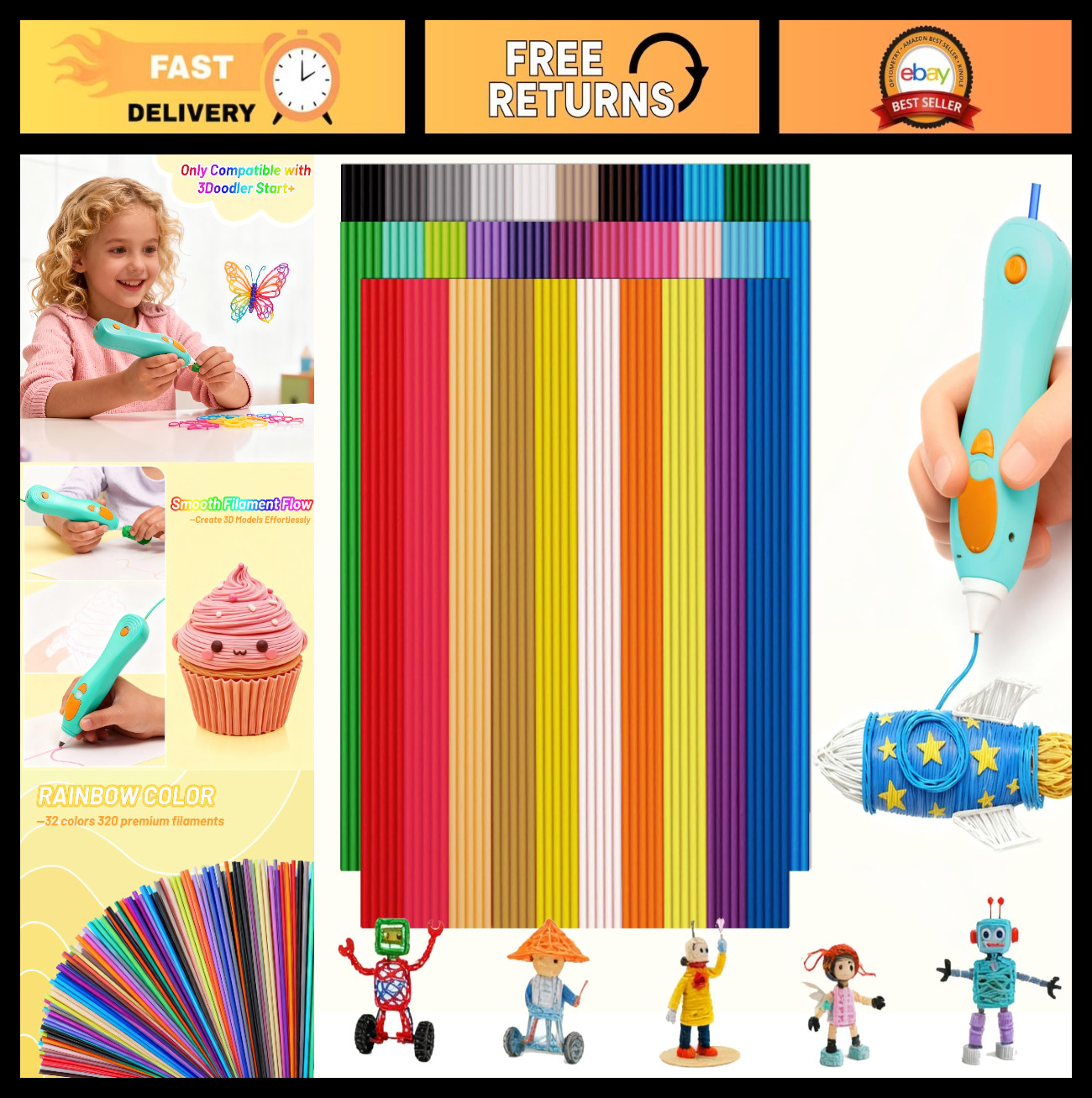 320Pcs 32 Colors 2.5mm Low Temp 3D Pen Filament Refill | Safe & Easy to Use