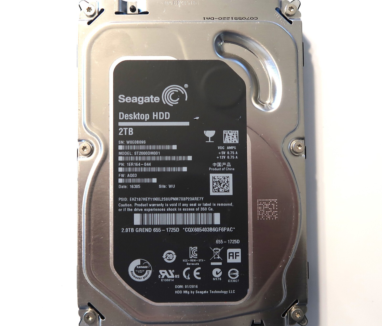Seagate ST2000DM001 1ER164-044 AQ03 WU China (W8E0) 2.0TB 3.5" Sata 01/2016