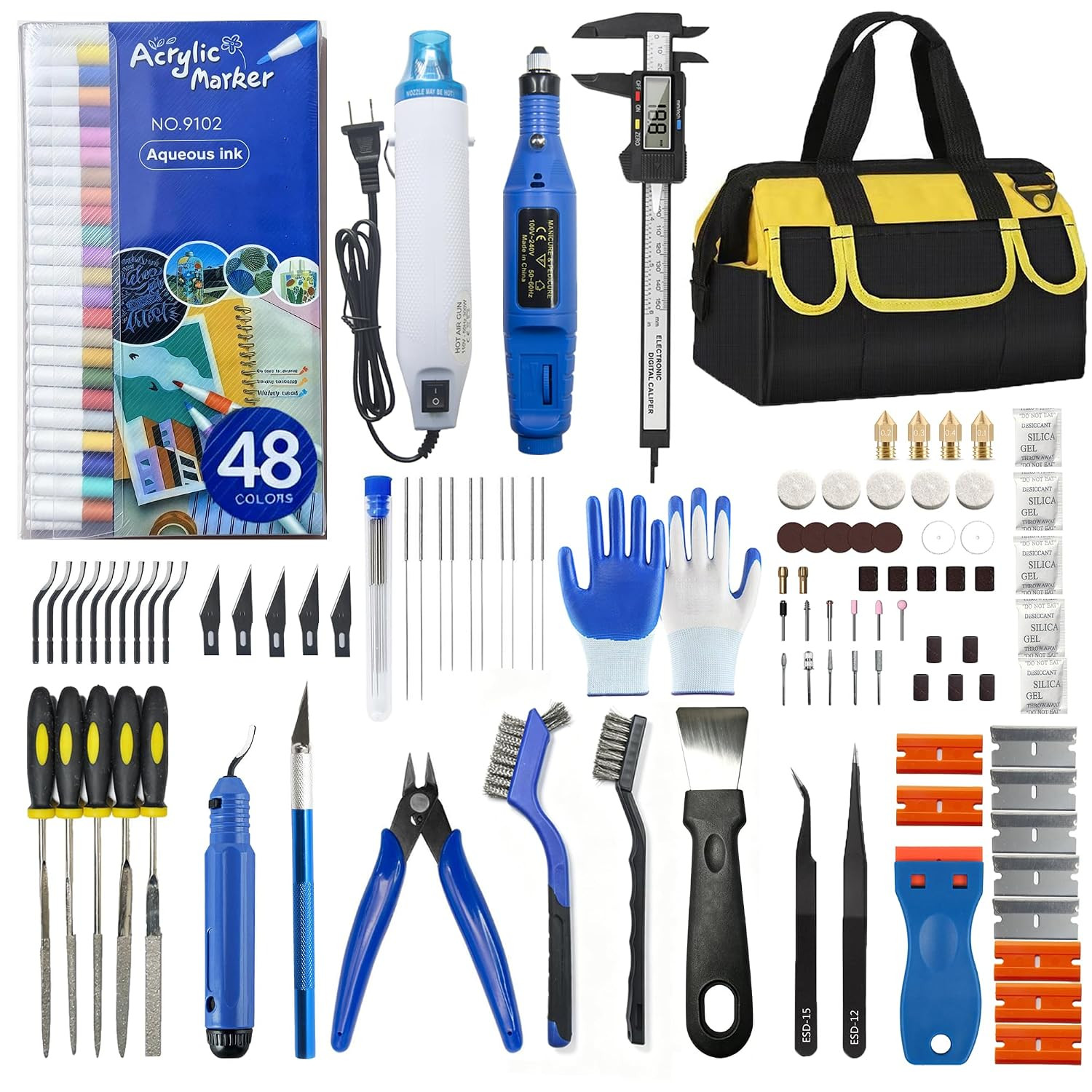 147PCS 3D Printer Tools Kits 3D Printer Accessory Tool Bag Wide Mouth Open