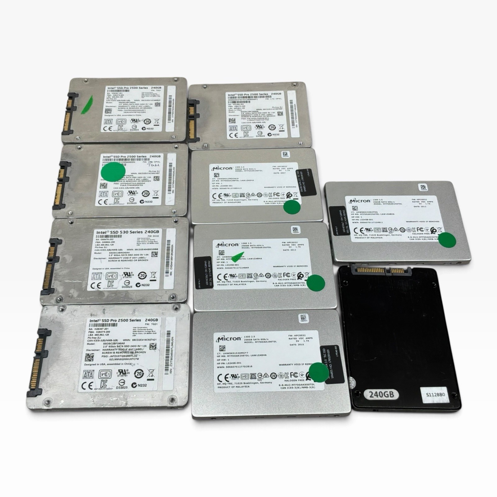 Lot of 10 SSD 2.5” SATA Micron 256GB Intel 240GB Unbranded Mixed Models Used