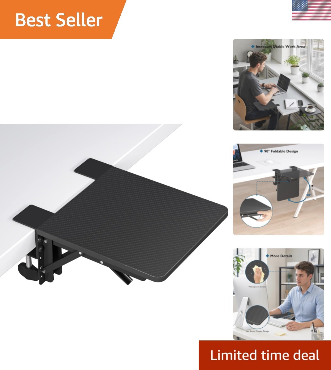 Ergonomic Desk Extender Tray, 9.5"x9.1" Wrist Rest Shelf | 90°Foldable Elbow ...