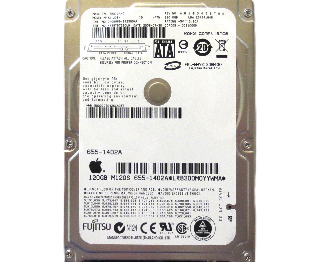 Fujitsu MHY2120BH CA06889-B42500AP 0CFD0B-0081000D Apple#655-1402A 120gb 2008