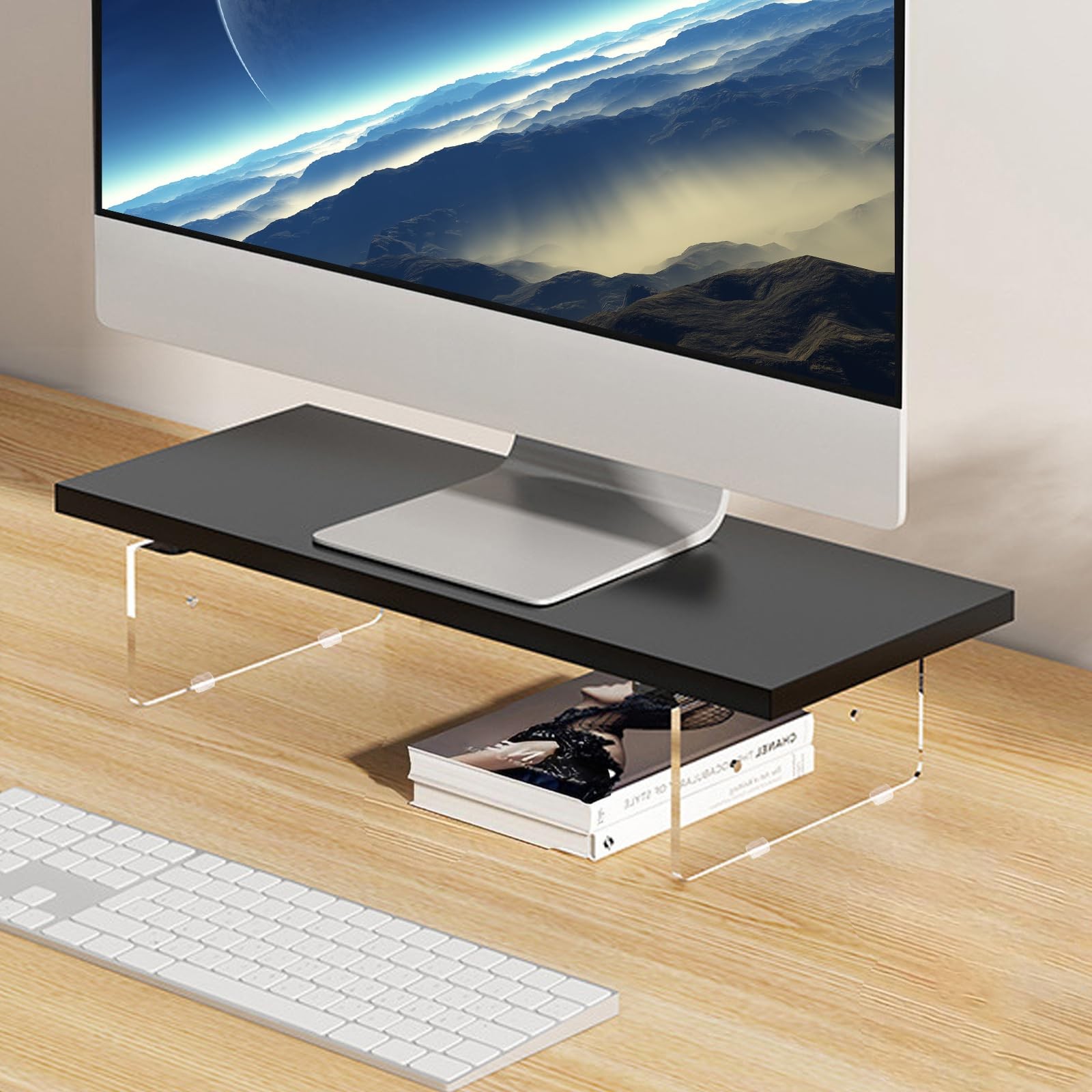 Black AntiSlip Clear Acrylic Monitor Stand Riser 2 Heights 7.8x15.7 Inch