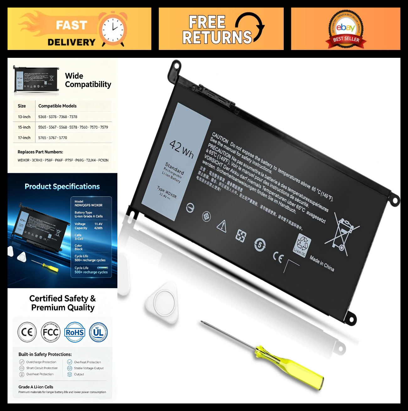 High-Capacity Laptop Battery Replacement for Inspiron 13 15 17 Series | 11.4V 42