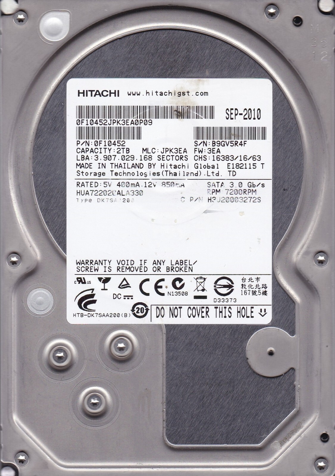 HUA722020ALA330 pn: 0F10452 MLC: JPK3EA SEP-2010 2TB 3.5" SATA HITACHI