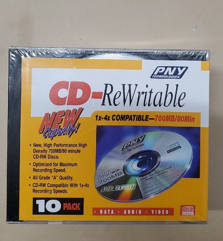 CD-RW Recordable Disc - PNY Blank Discs 10 Pack High Performance 700MB New. 