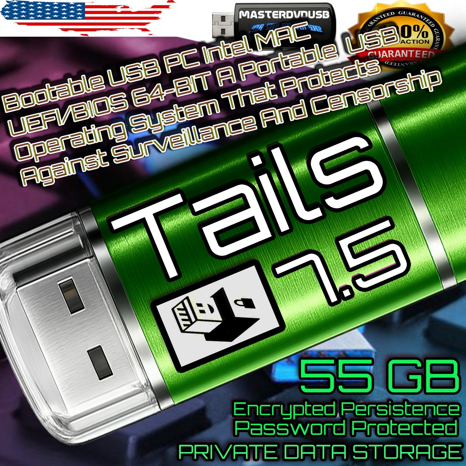 Tails 7.5 Bootable USB – PC & Intel Mac – UEFI/BIOS – 55GB Encrypted Persistence