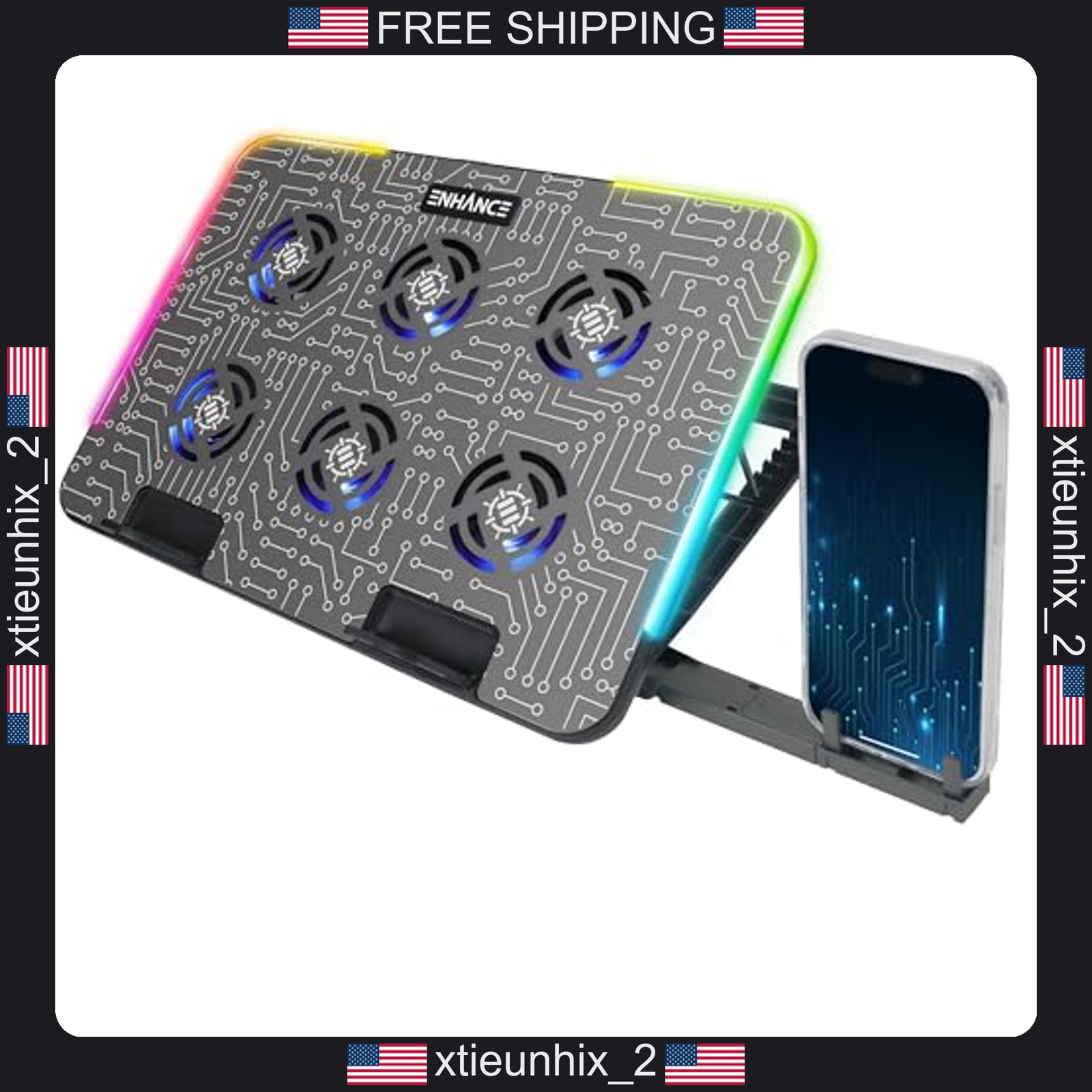 Laptop Cooling Pad with RGB Lighting, Metal Top, 6 Fans, Phone Stand