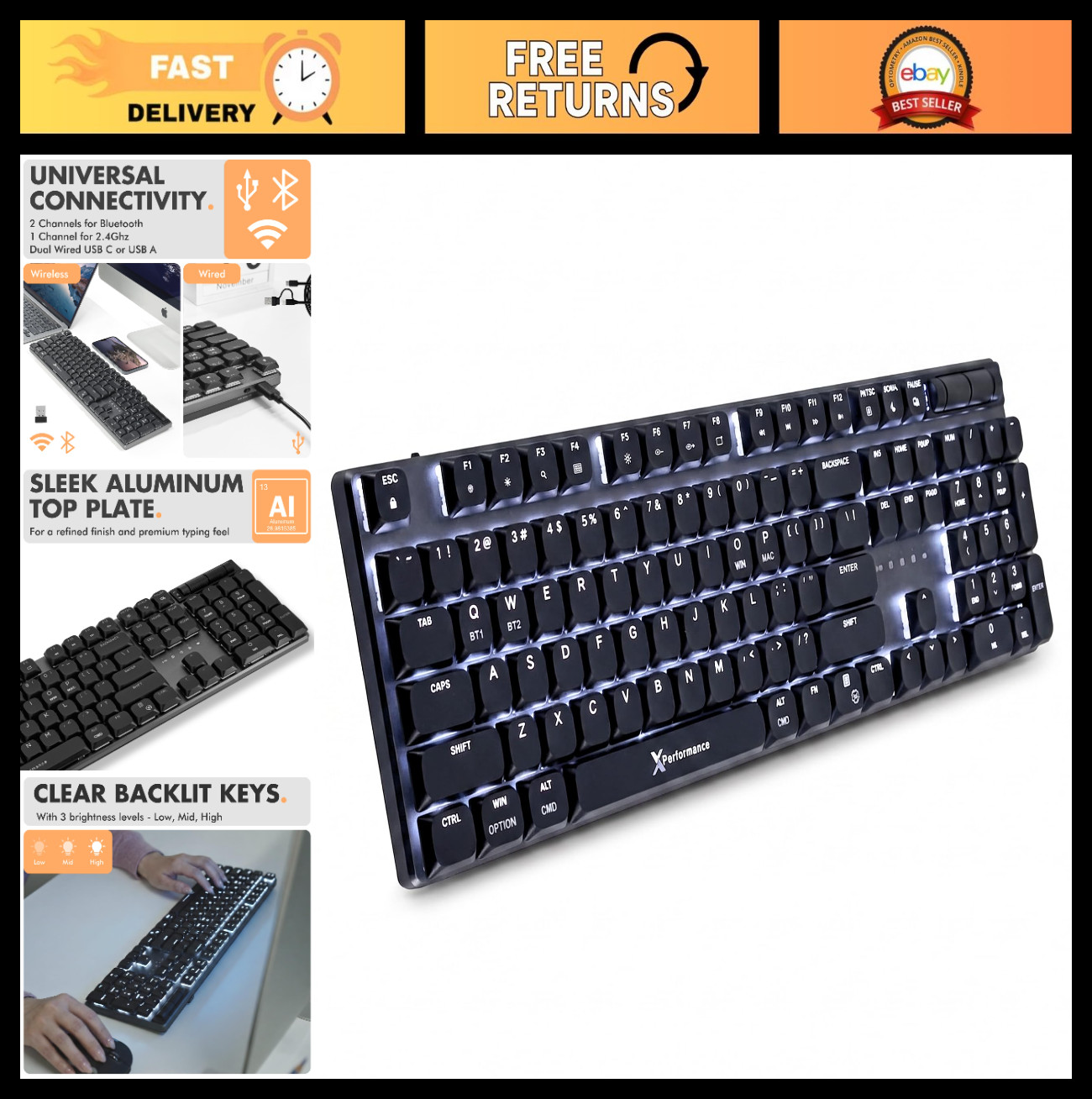Slim Wireless Mechanical Keyboard - Low Profile Red Switches, Triple Mode (Bluet