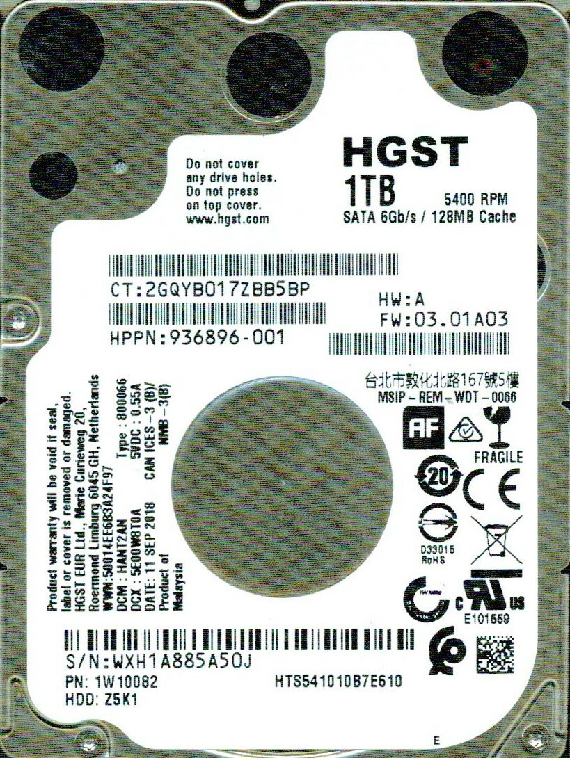 HTS541010B7E610  P/N: 1W10082  DCM: HANT2AN  FW: 03.01A03 HGST SATA 1TB WXH1