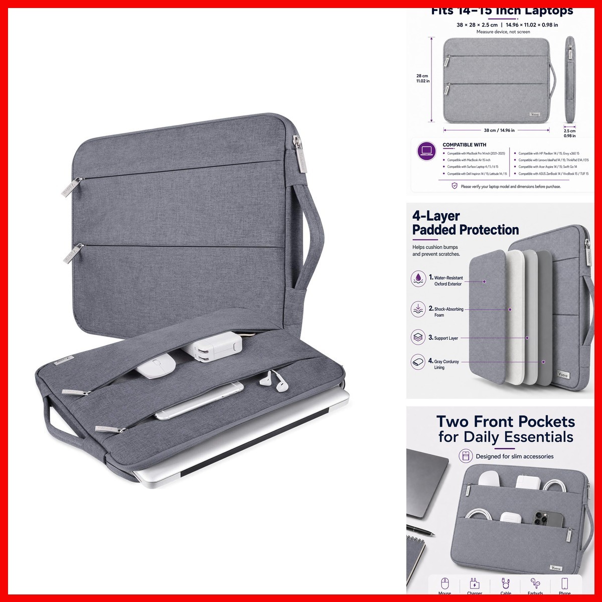 Voova 13.3-13 Inch Laptop Sleeve, MacBook CaseLaptop Case, Gray